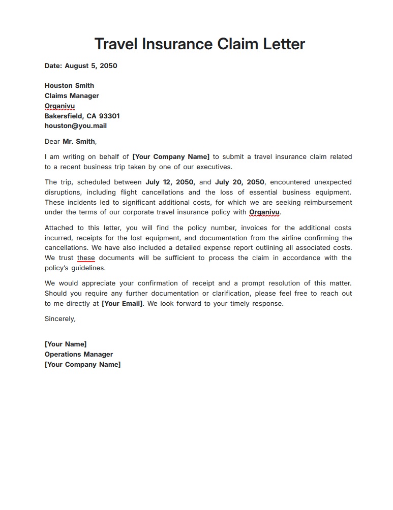 Travel Insurance Claim Letter Template