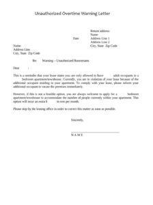 Unauthorized Overtime Warning Letter Template