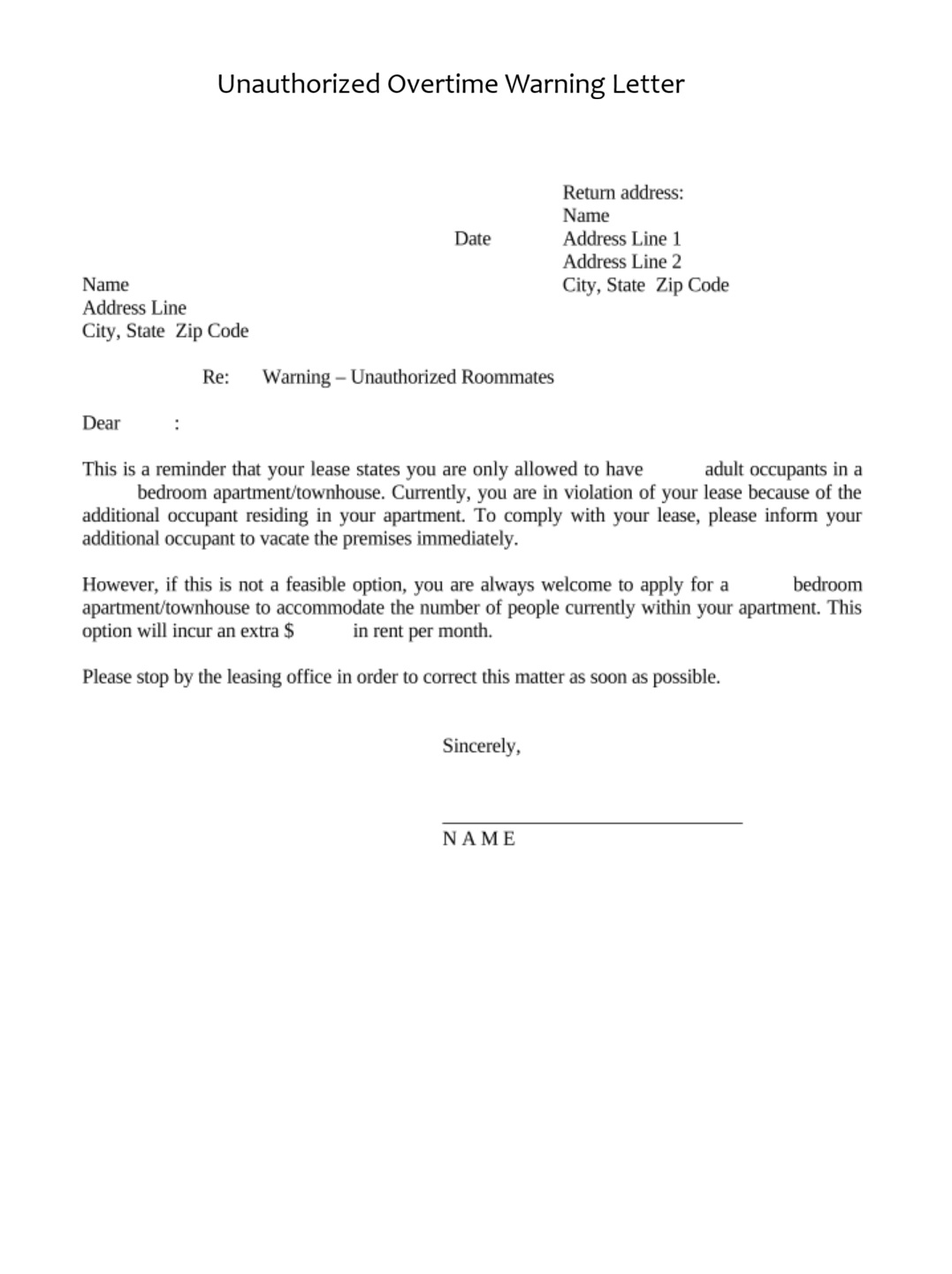 Unauthorized Overtime Warning Letter Template
