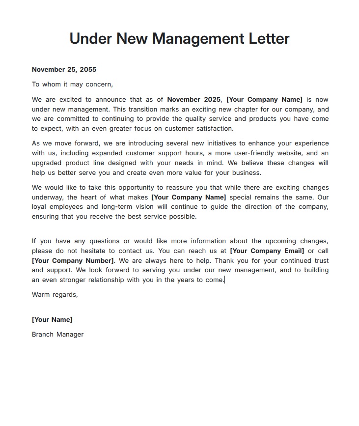 Under New Management Letter Template