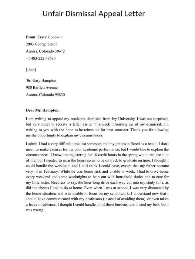 Unfair Dismissal Appeal Letter Template