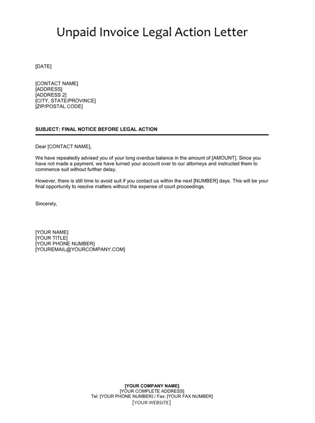 Unpaid Invoice Legal Action Letter Template
